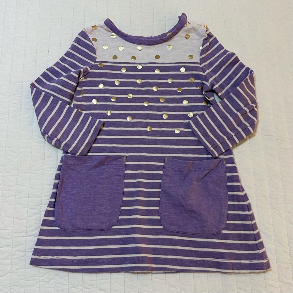 Mini Boden Purple and White Striped Dress Gold Polka Dots Girls Size 2-3Y